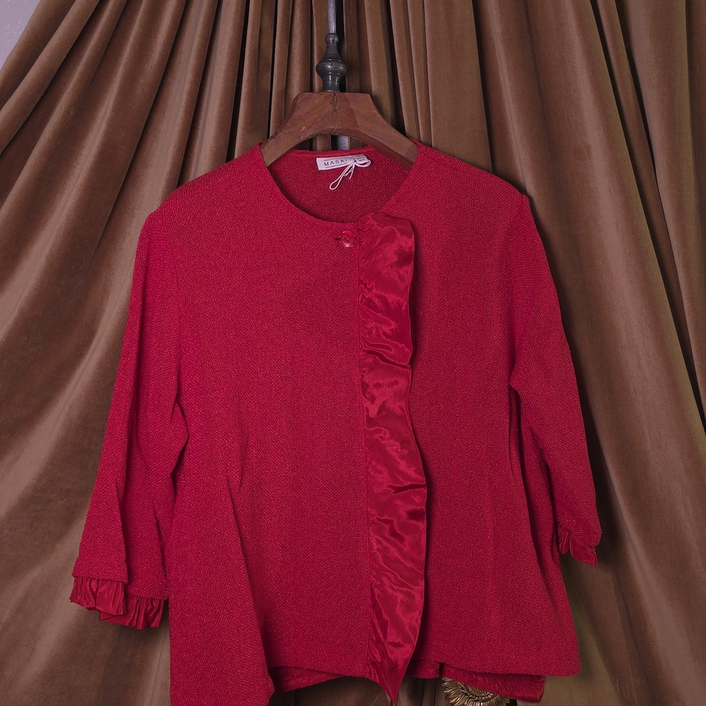 Masai Copenhagen Juna Jacket L Red Scarlet Sage Woven Knit Lagenlook A-Shape